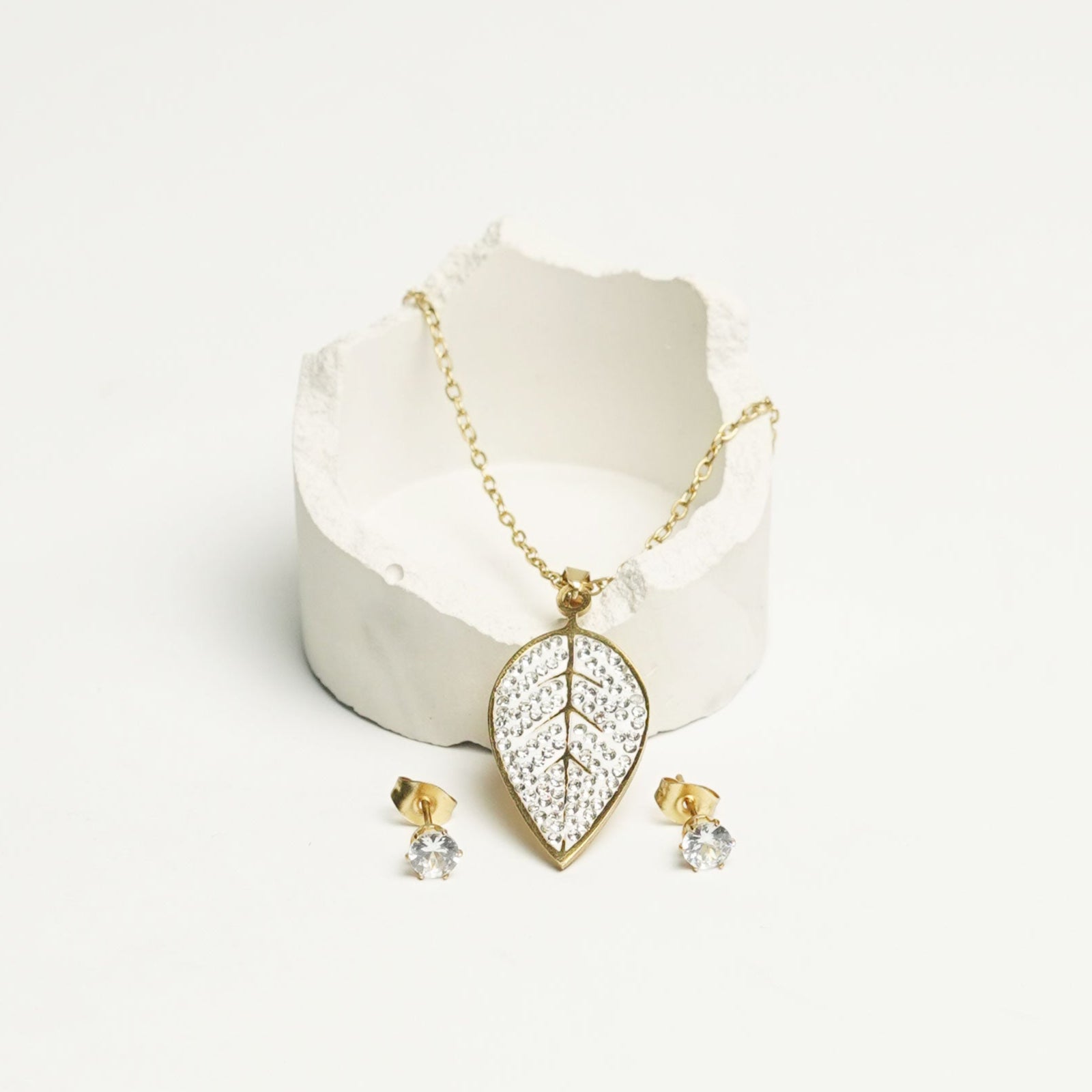 Stainless Steel Leaf Pendant Necklace Set with Stud Earrings