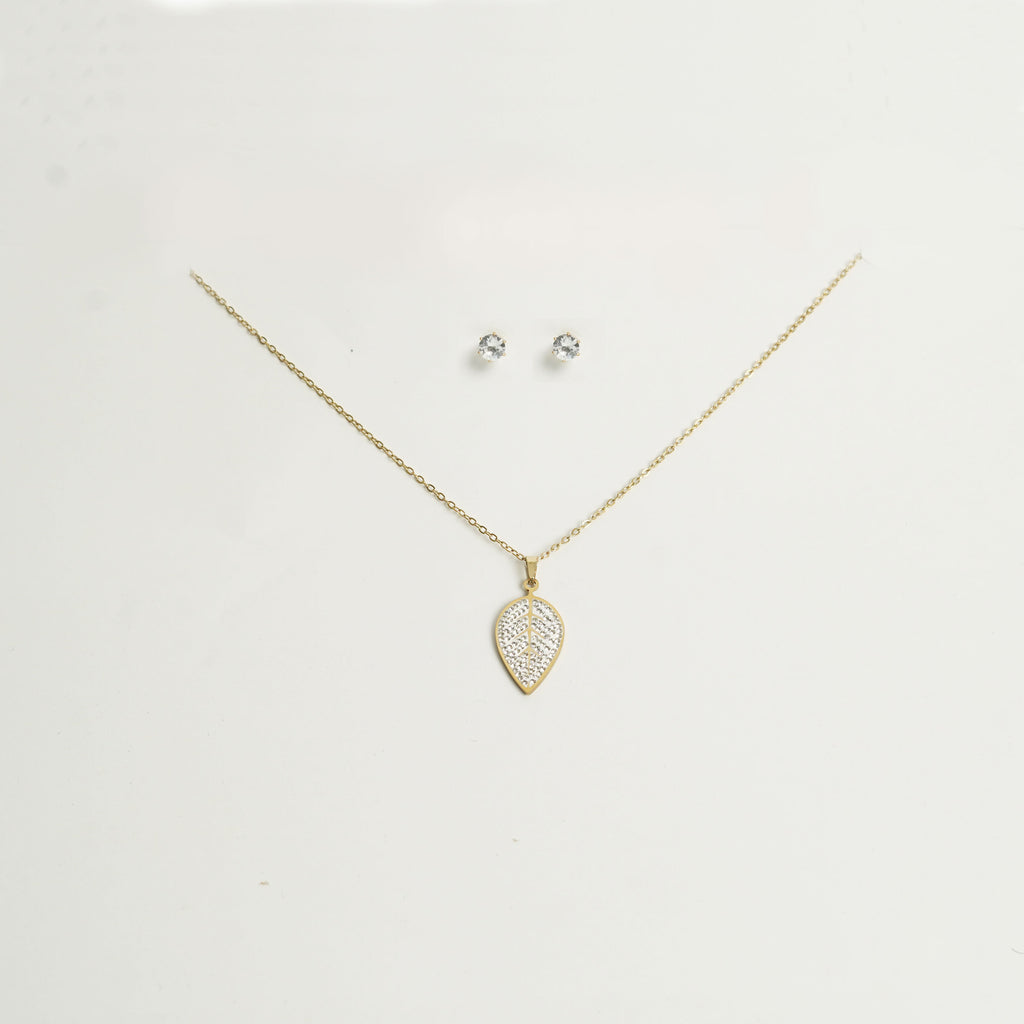 Stainless Steel Leaf Pendant Necklace Set with Stud Earrings