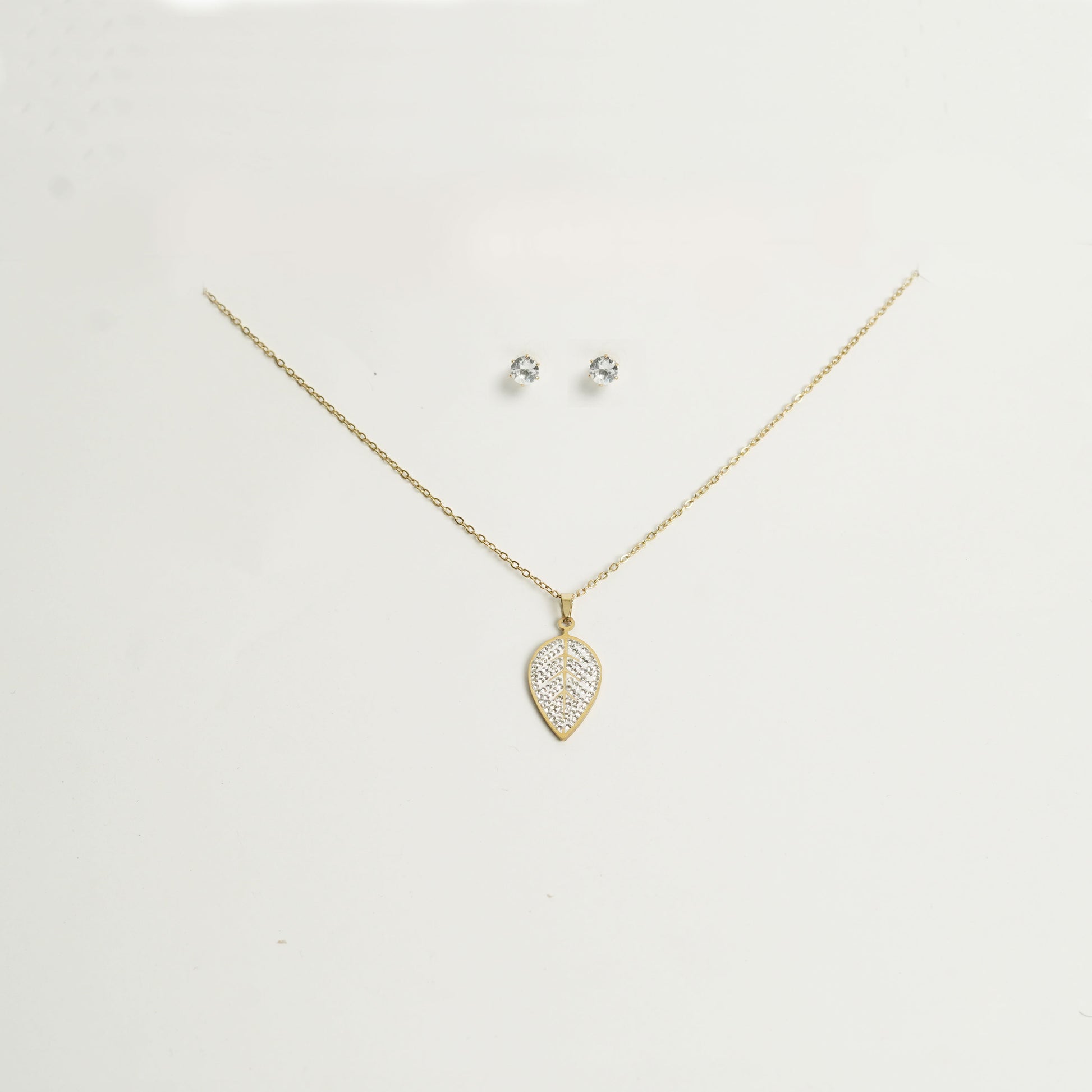 Stainless Steel Leaf Pendant Necklace Set with Stud Earrings