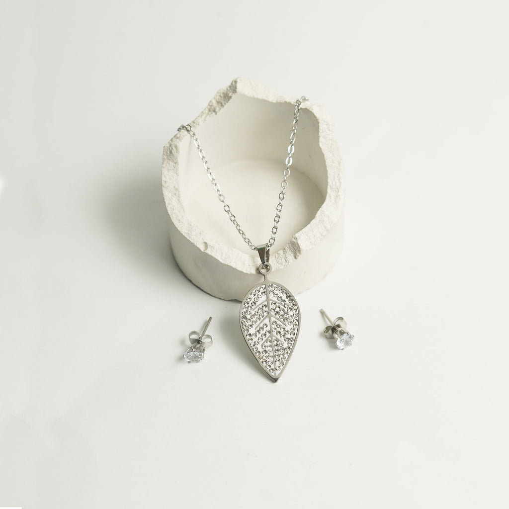 Stainless Steel Leaf Pendant Necklace Set with Stud Earrings