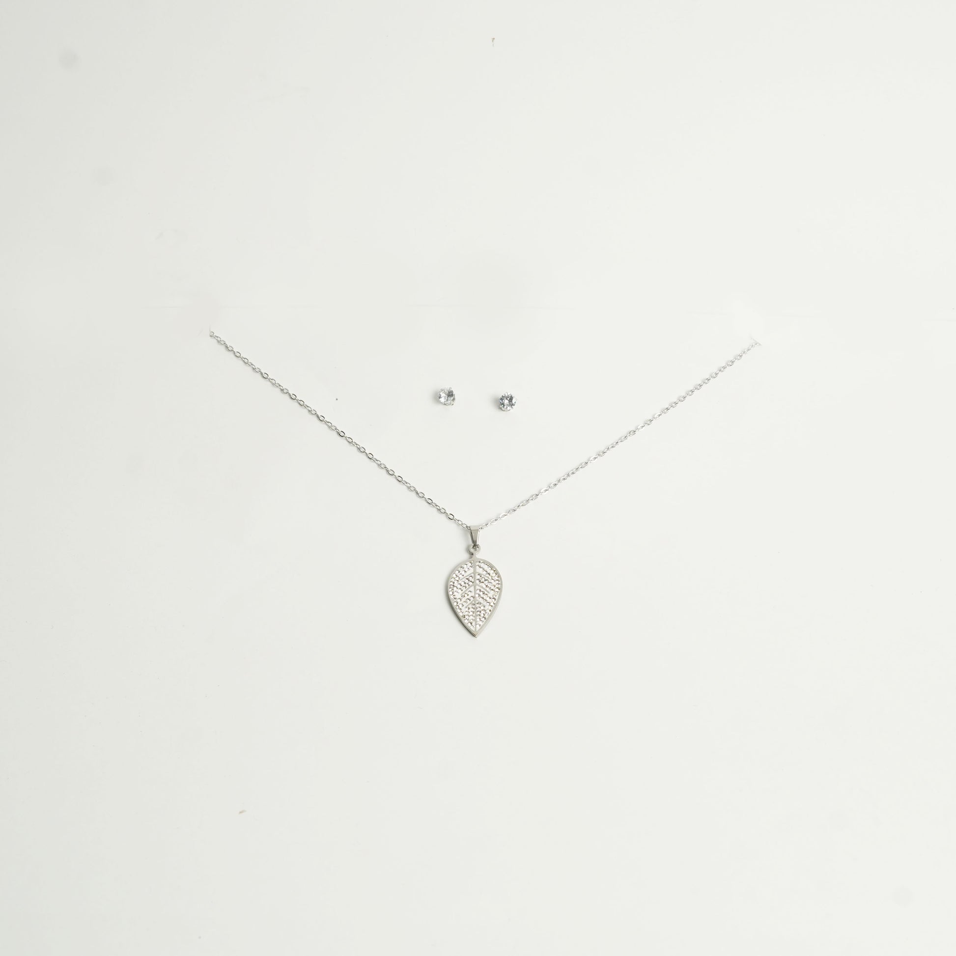 Stainless Steel Leaf Pendant Necklace Set with Stud Earrings